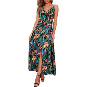 Newshows Women’s 2026 Lightweight Summer Wedding Guest Beach Vacation Casual V Neck Split Flowy Maxi Dress(Green Colorful Leaf)