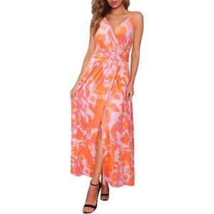 Newshows Women’s 2026 Lightweight Summer Wedding Guest Beach Vacation Casual V Neck Split Flowy Maxi Dress(Orange Abstract Floral)