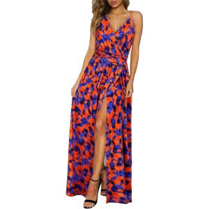 Newshows Women’s 2026 Lightweight Summer Wedding Guest Beach Vacation Casual V Neck Split Flowy Maxi Dress(Orange Floral Blue)