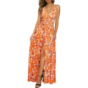 Newshows Women’s 2026 Lightweight Summer Wedding Guest Beach Vacation Casual V Neck Split Flowy Maxi Dress(Orange Floral Pink)