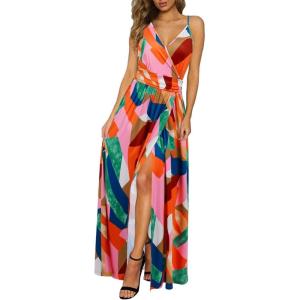 Newshows Women’s 2026 Lightweight Summer Wedding Guest Beach Vacation Casual V Neck Split Flowy Maxi Dress(Pink Floral Blue)