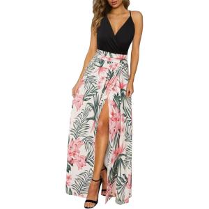 Newshows Women’s 2026 Lightweight Summer Wedding Guest Beach Vacation Casual V Neck Split Flowy Maxi Dress(Pink Floral Leaf)