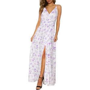 Newshows Women’s 2026 Lightweight Summer Wedding Guest Beach Vacation Casual V Neck Split Flowy Maxi Dress(White Pruple Flowers)