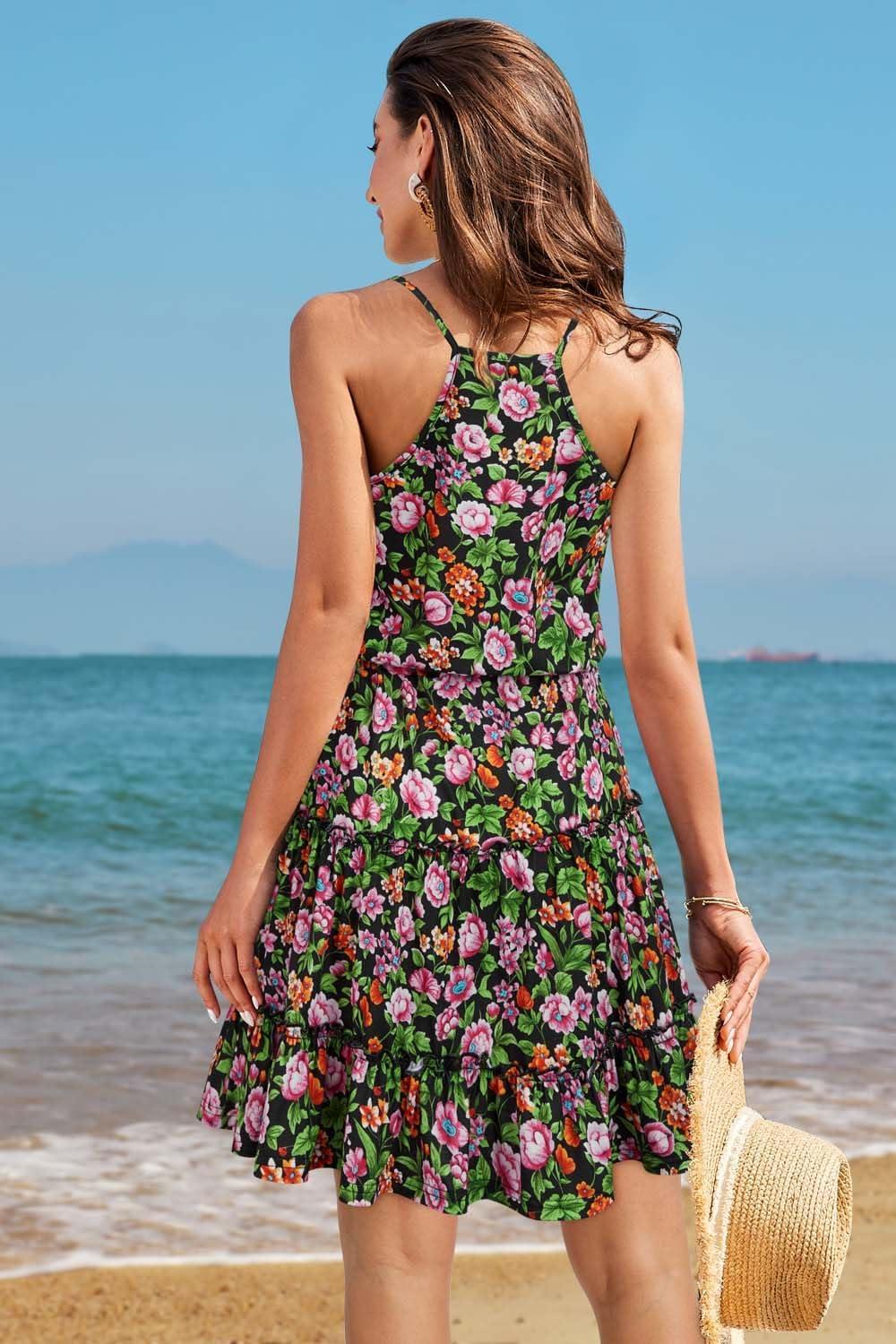 image:imageNewshows Womens 2026 Summer Beach Vacation Drawstring Ruffle Hem A Line Cute SundressBlack Floral Pink