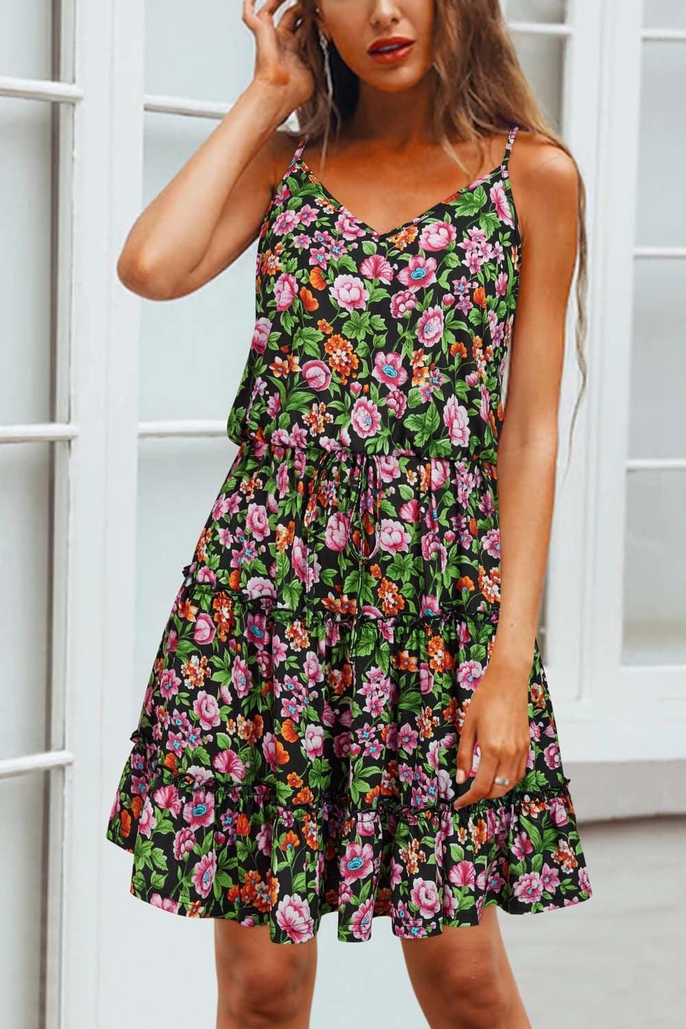 image:imageNewshows Womens 2026 Summer Beach Vacation Drawstring Ruffle Hem A Line Cute SundressBlack Floral Pink