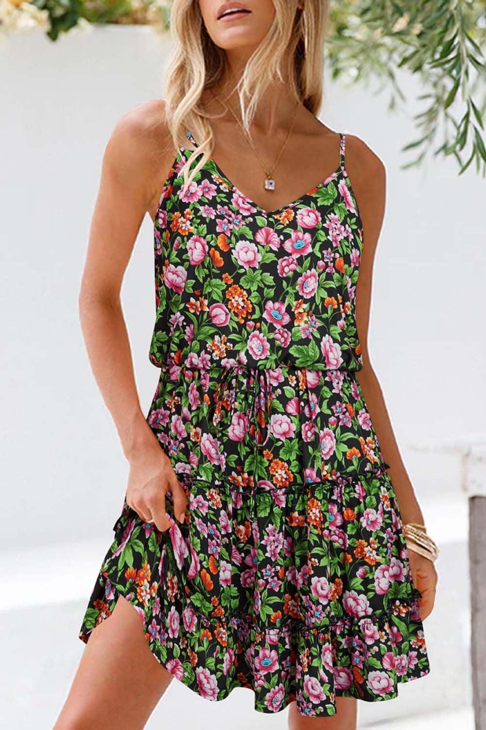 image:imageNewshows Womens 2026 Summer Beach Vacation Drawstring Ruffle Hem A Line Cute SundressBlack Floral Pink