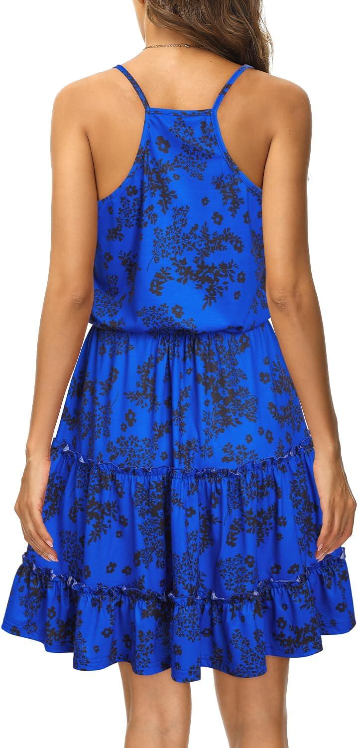 image:imageNewshows Womens 2026 Summer Beach Vacation Drawstring Ruffle Hem A Line Cute SundressBlue Floral Black