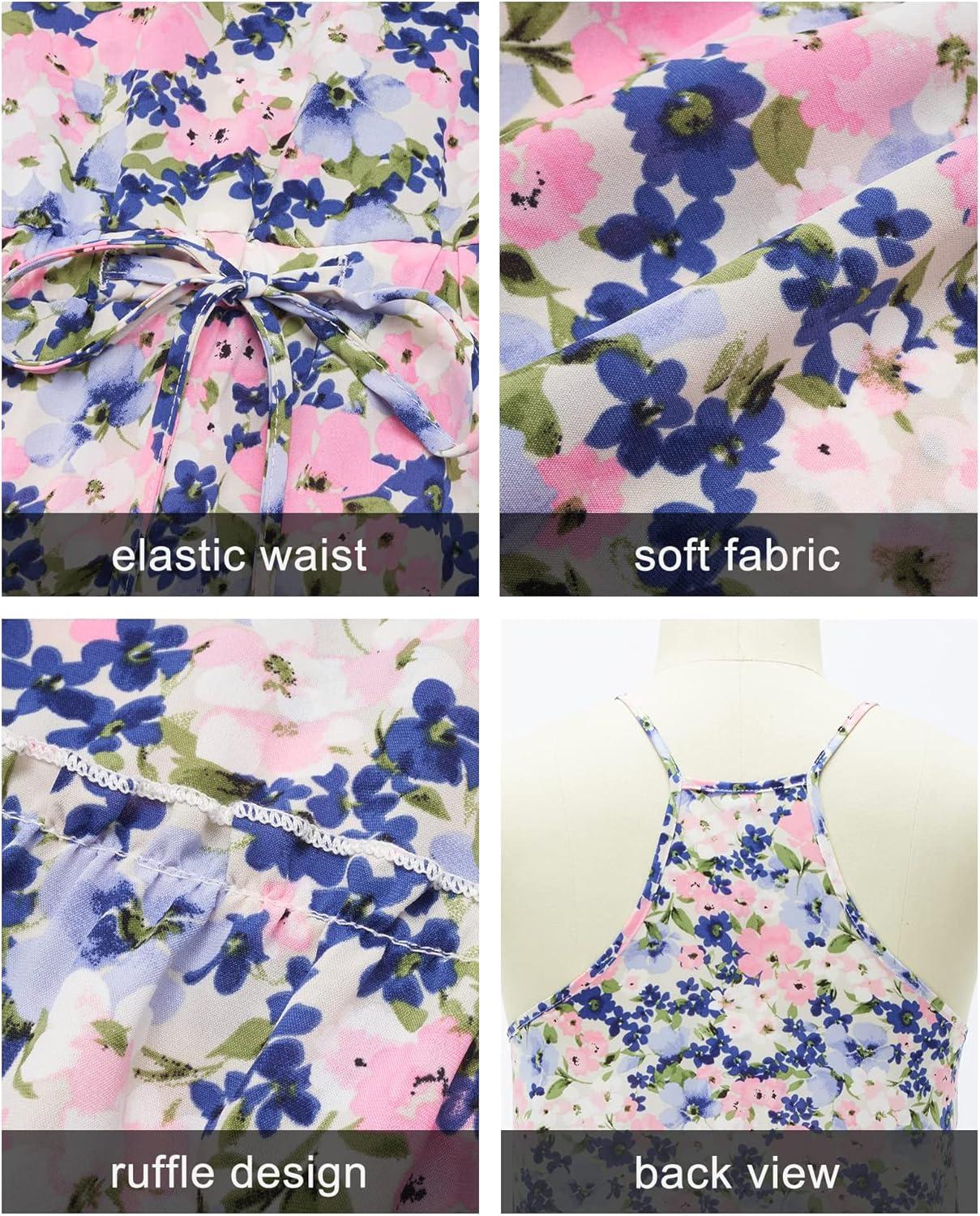 image:imageNewshows Womens 2026 Summer Beach Vacation Drawstring Ruffle Hem A Line Cute SundressBlue Pink Floral