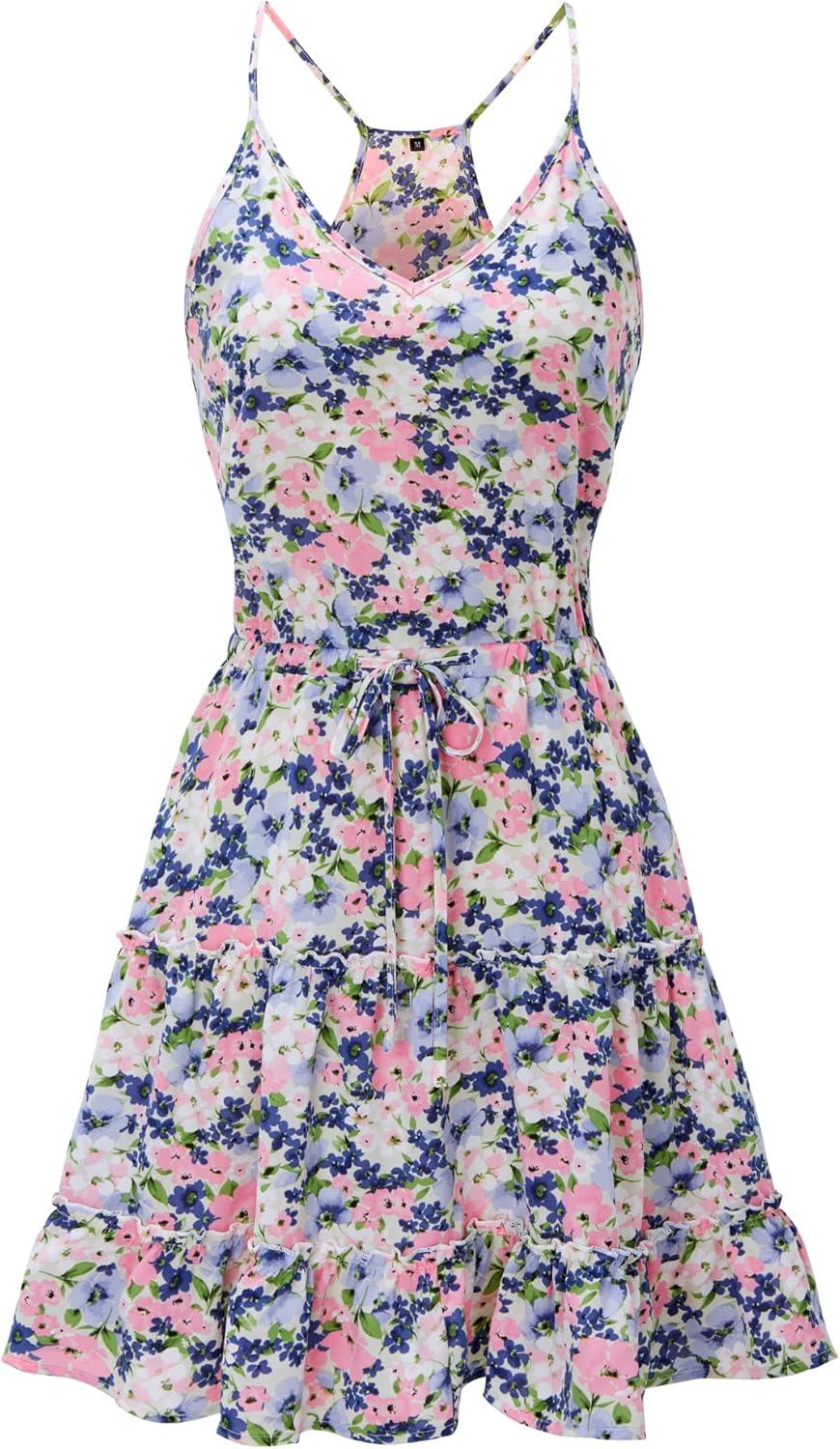 image:imageNewshows Womens 2026 Summer Beach Vacation Drawstring Ruffle Hem A Line Cute SundressBlue Pink Floral