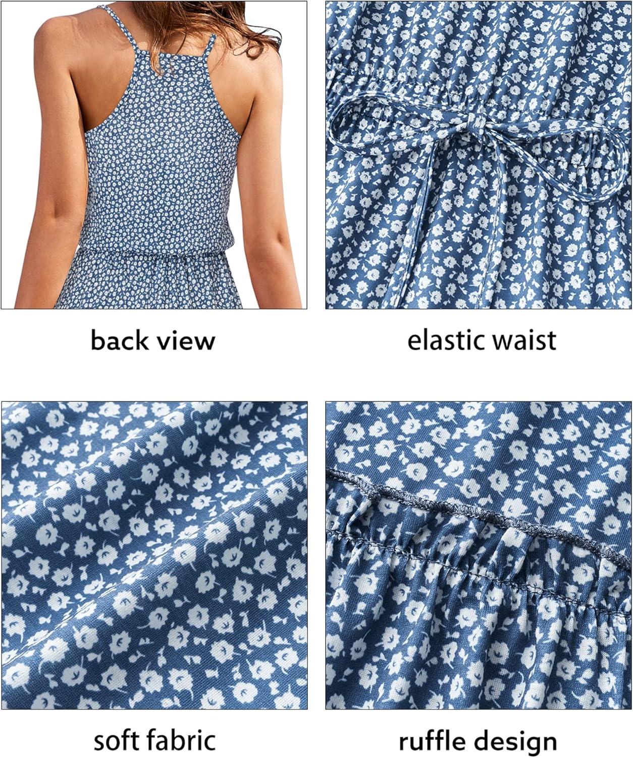 image:imageNewshows Womens 2026 Summer Beach Vacation Drawstring Ruffle Hem A Line Cute SundressGray Blue Floral White