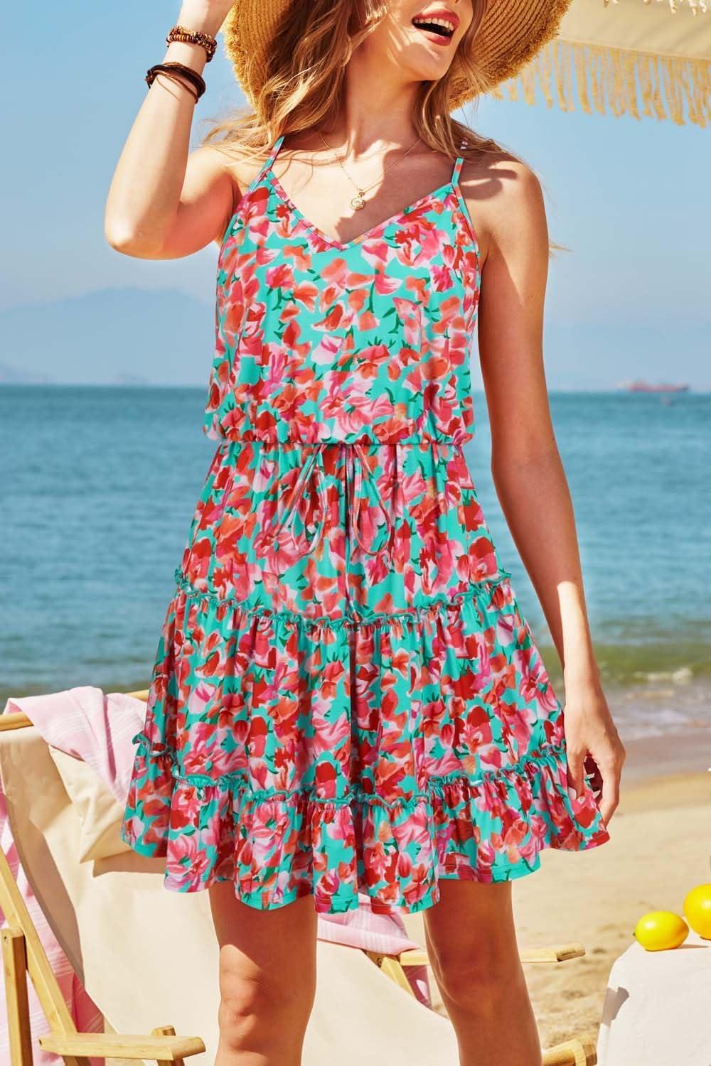 image:imageNewshows Womens 2026 Summer Beach Vacation Drawstring Ruffle Hem A Line Cute SundressGreen Floral Red
