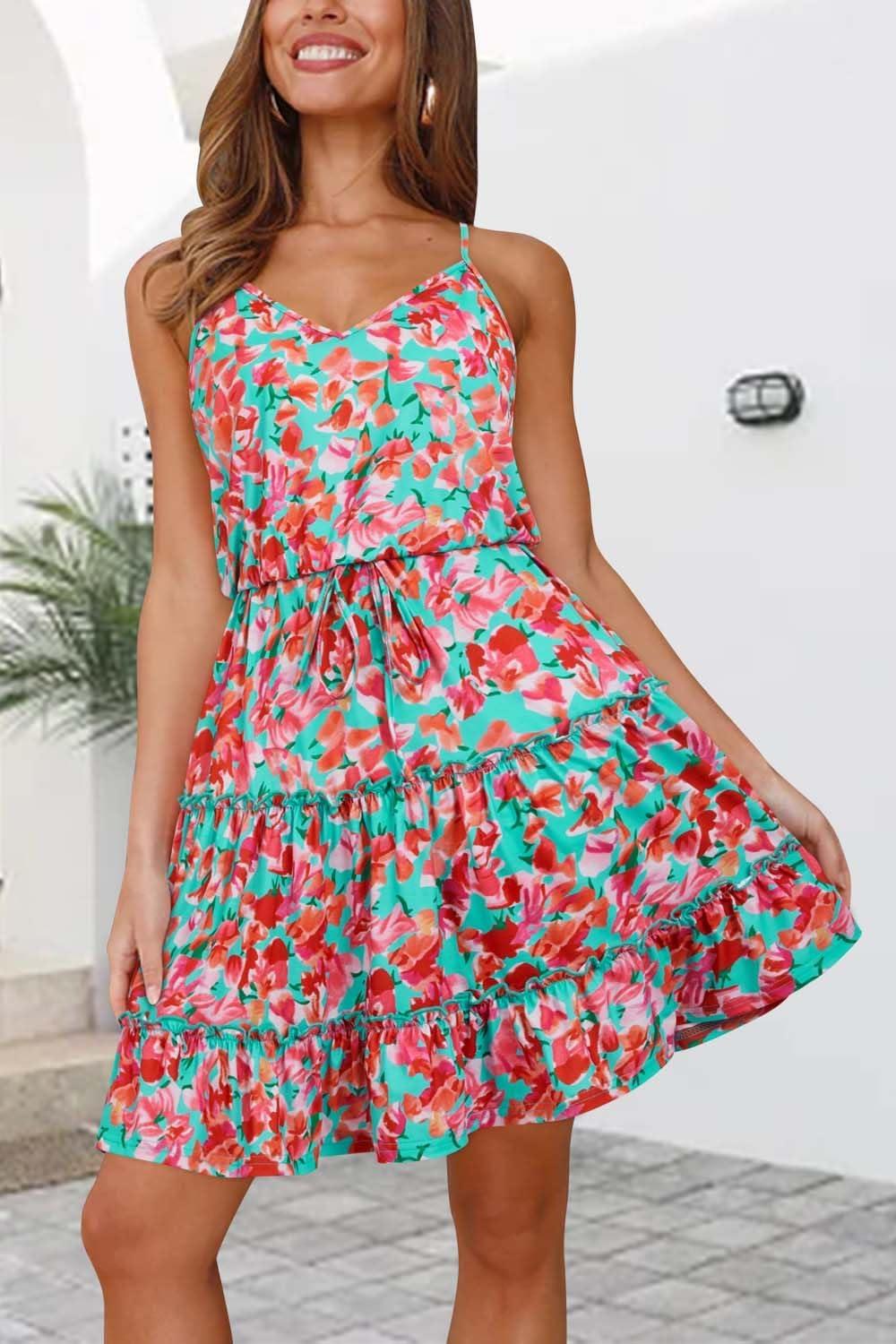 image:imageNewshows Womens 2026 Summer Beach Vacation Drawstring Ruffle Hem A Line Cute SundressGreen Floral Red