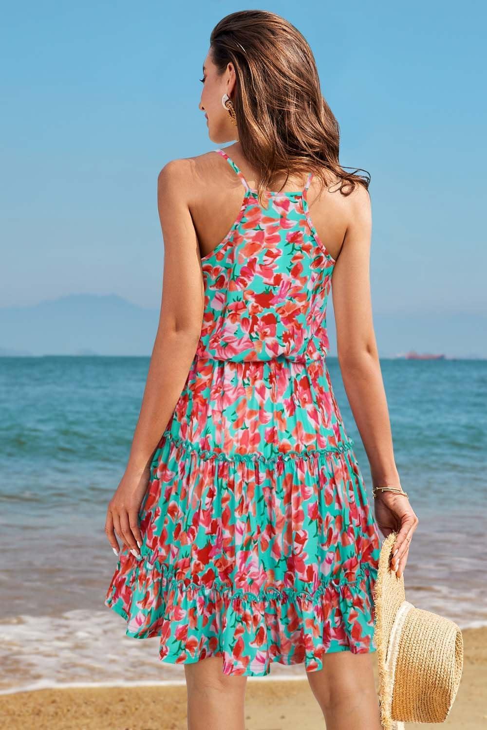 image:imageNewshows Womens 2026 Summer Beach Vacation Drawstring Ruffle Hem A Line Cute SundressGreen Floral Red