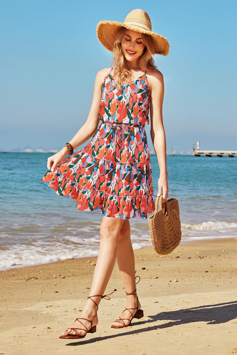 image:imageNewshows Womens 2026 Summer Beach Vacation Drawstring Ruffle Hem A Line Cute SundressOrange Floral Blue