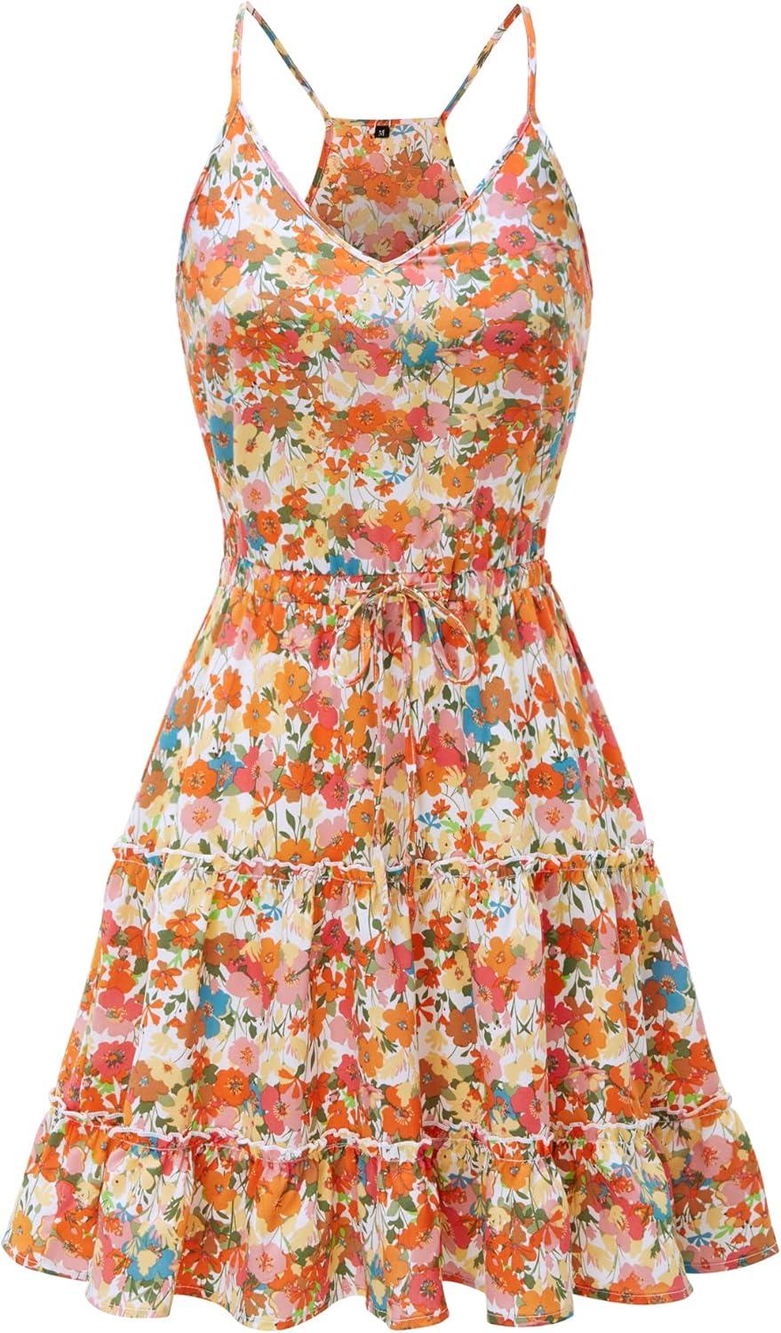 image:imageNewshows Womens 2026 Summer Beach Vacation Drawstring Ruffle Hem A Line Cute SundressOrange White Floral
