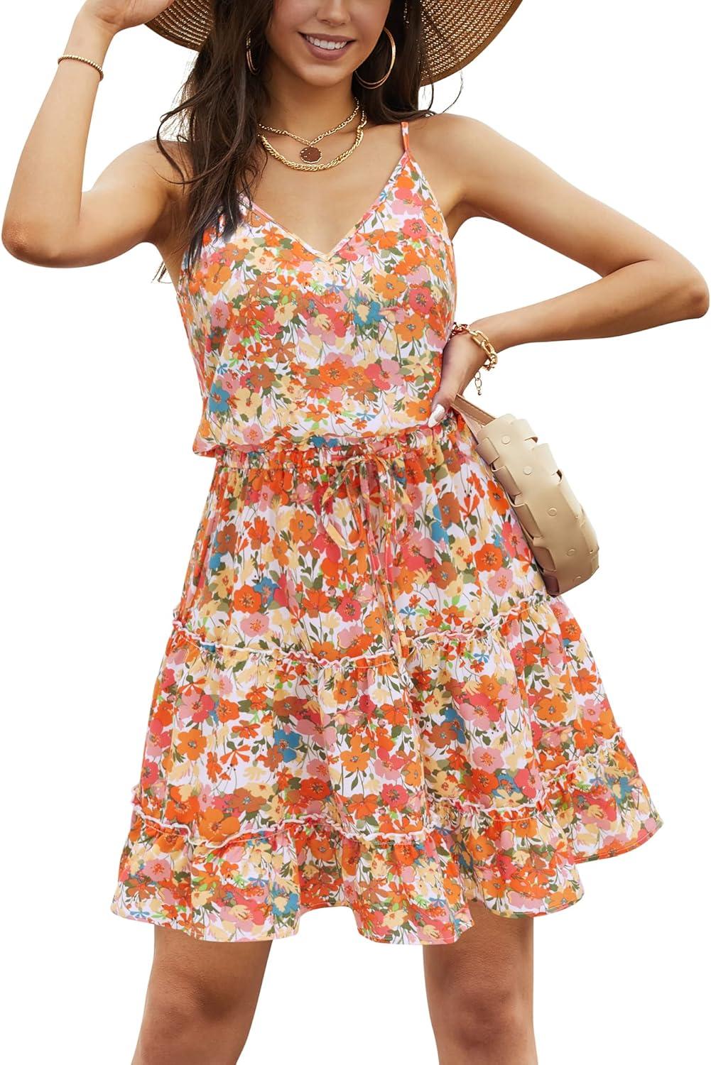 image:imageNewshows Womens 2026 Summer Beach Vacation Drawstring Ruffle Hem A Line Cute SundressOrange White Floral