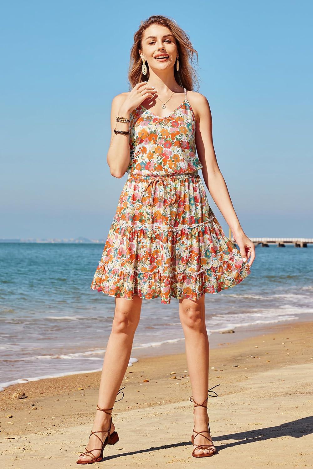 image:imageNewshows Womens 2026 Summer Beach Vacation Drawstring Ruffle Hem A Line Cute SundressOrange White Floral