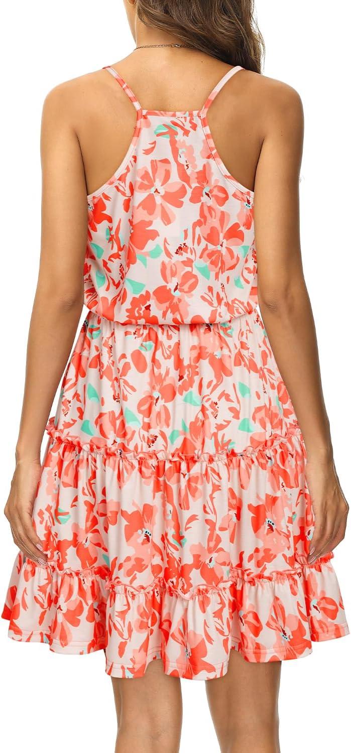 image:imageNewshows Womens 2026 Summer Beach Vacation Drawstring Ruffle Hem A Line Cute SundressPink Floral Red