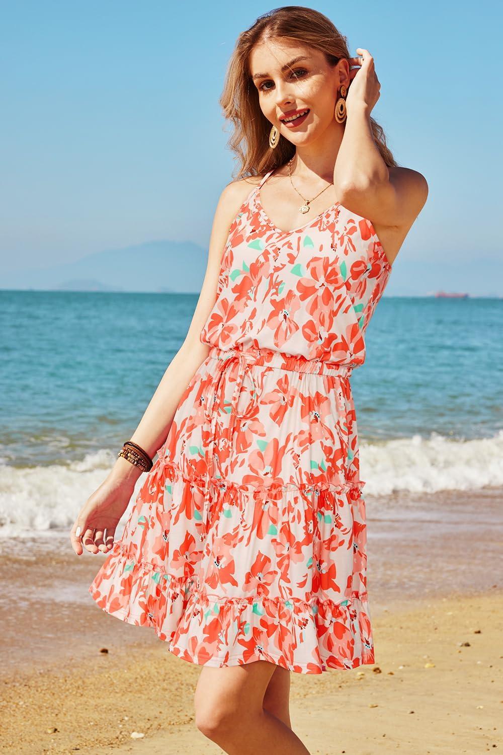 image:imageNewshows Womens 2026 Summer Beach Vacation Drawstring Ruffle Hem A Line Cute SundressPink Floral Red