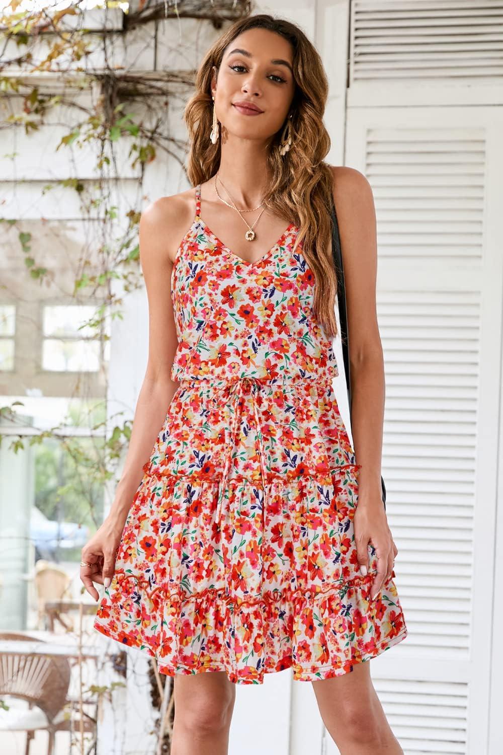 image:imageNewshows Womens 2026 Summer Beach Vacation Drawstring Ruffle Hem A Line Cute SundressRed Floral Purple
