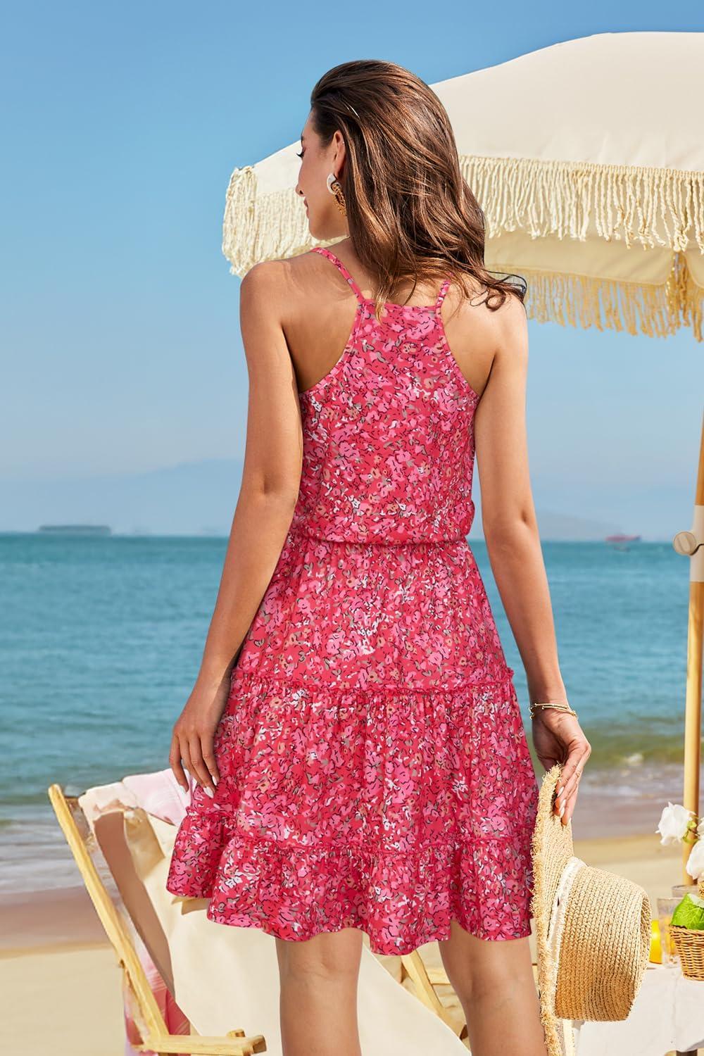 image:imageNewshows Womens 2026 Summer Beach Vacation Drawstring Ruffle Hem A Line Cute SundressRose Pink Floral