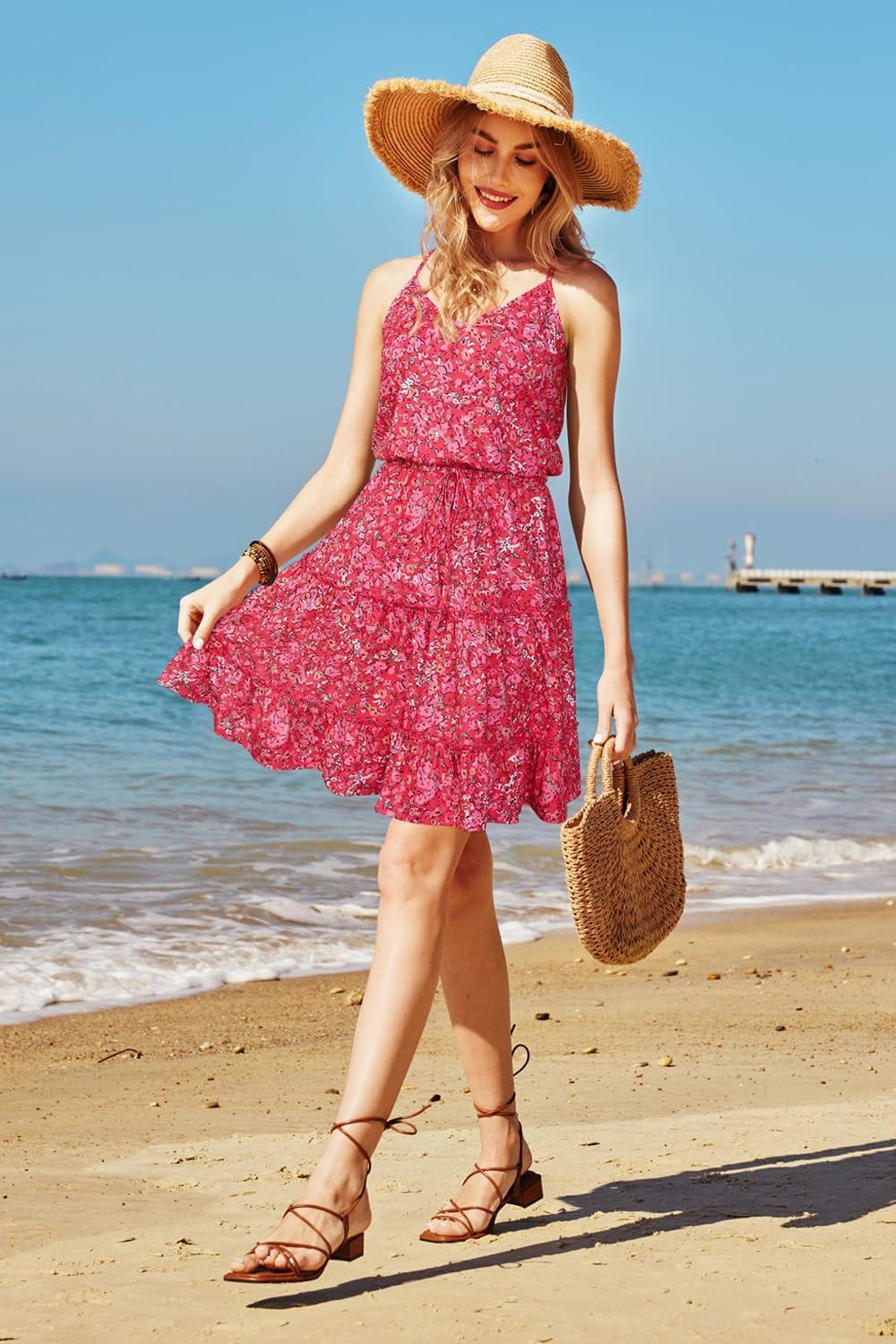image:imageNewshows Womens 2026 Summer Beach Vacation Drawstring Ruffle Hem A Line Cute SundressRose Pink Floral