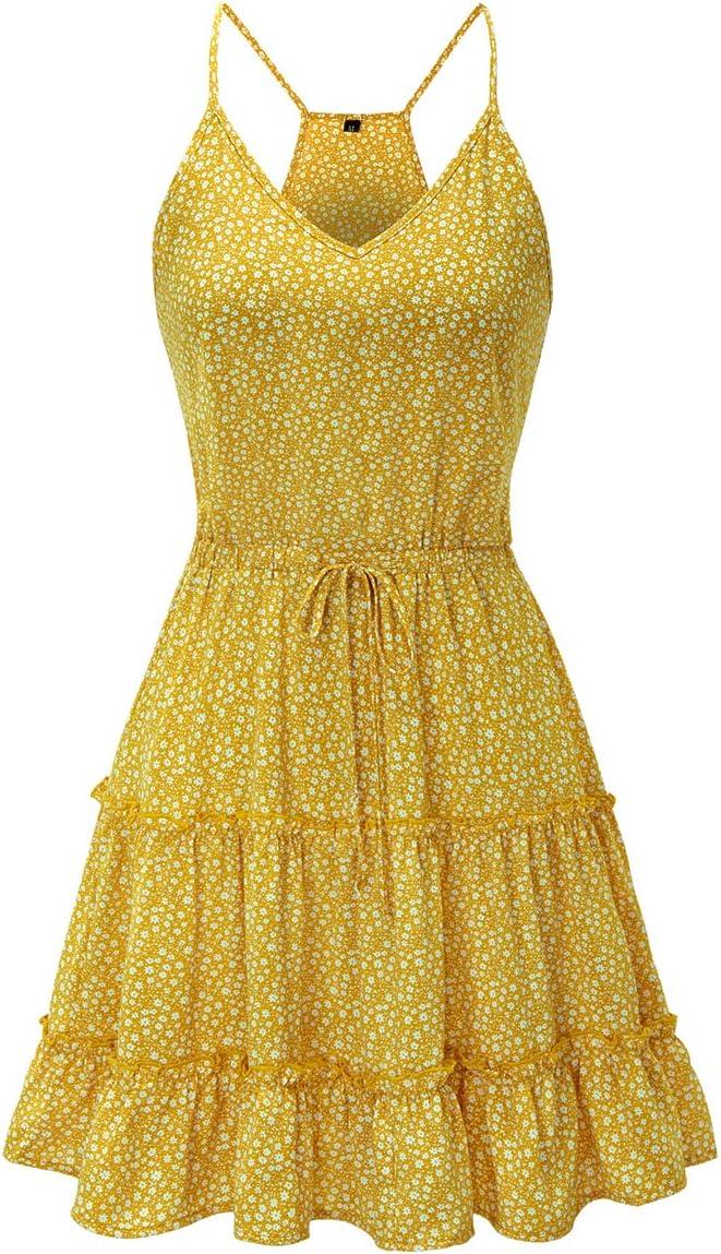 image:imageNewshows Womens 2026 Summer Beach Vacation Drawstring Ruffle Hem A Line Cute SundressYellow White Floral