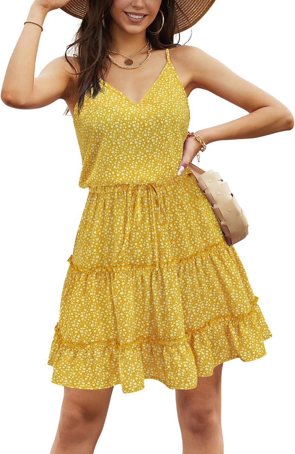 image:imageNewshows Womens 2026 Summer Beach Vacation Drawstring Ruffle Hem A Line Cute SundressYellow White Floral