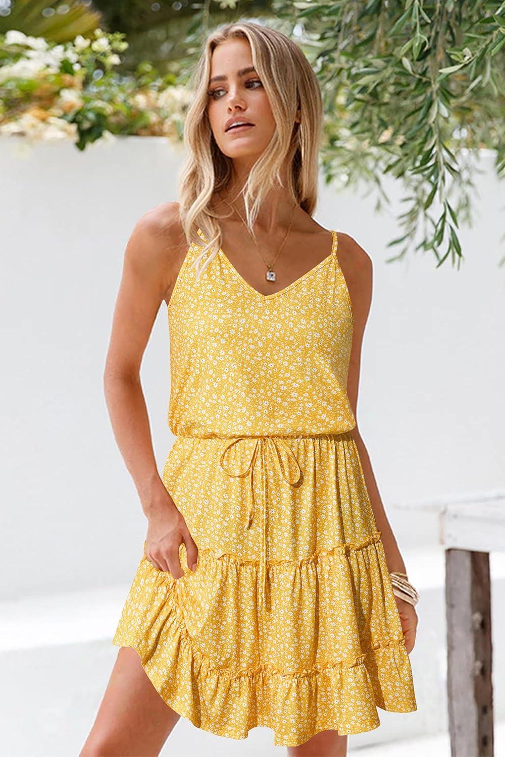image:imageNewshows Womens 2026 Summer Beach Vacation Drawstring Ruffle Hem A Line Cute SundressYellow White Floral