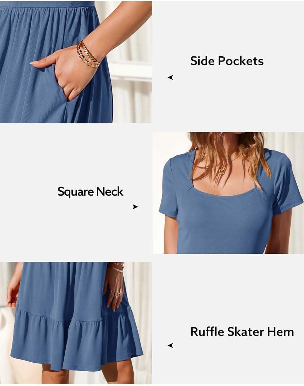 image:imageNewshows Womens 2026 Summer Casual Square Neck Ruffle A Line Beach Vacation Sundress Work Business Dress with PocketsBlue
