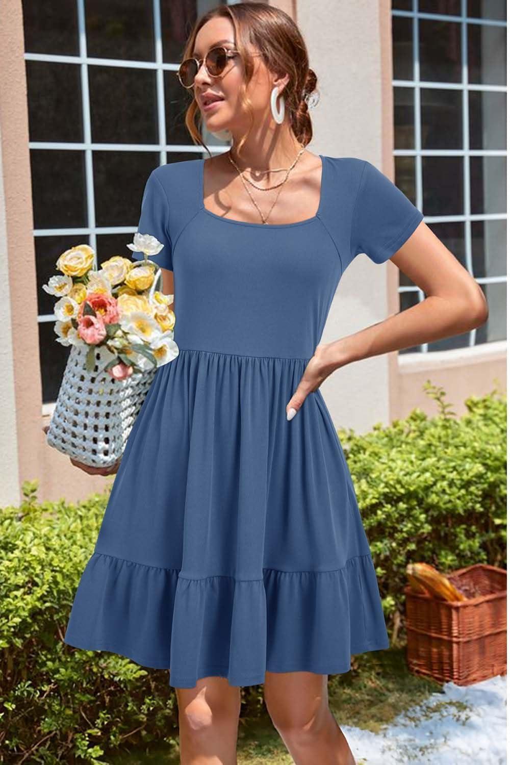 image:imageNewshows Womens 2026 Summer Casual Square Neck Ruffle A Line Beach Vacation Sundress Work Business Dress with PocketsBlue
