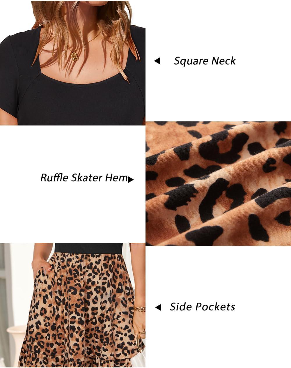 image:imageNewshows Womens 2026 Summer Casual Square Neck Ruffle A Line Beach Vacation Sundress Work Business Dress with PocketsBrown Leopard