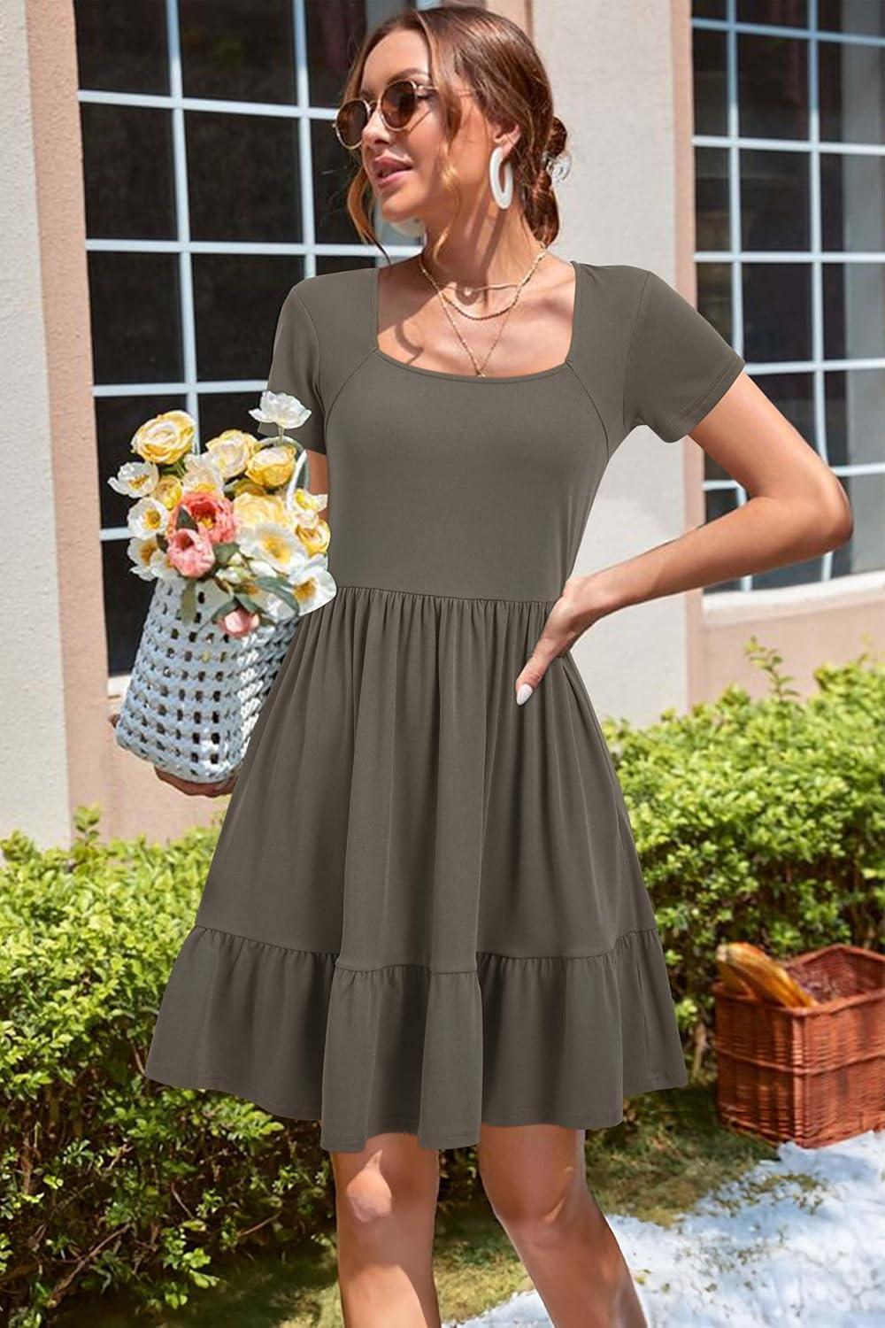 image:imageNewshows Womens 2026 Summer Casual Square Neck Ruffle A Line Beach Vacation Sundress Work Business Dress with PocketsDark Grey