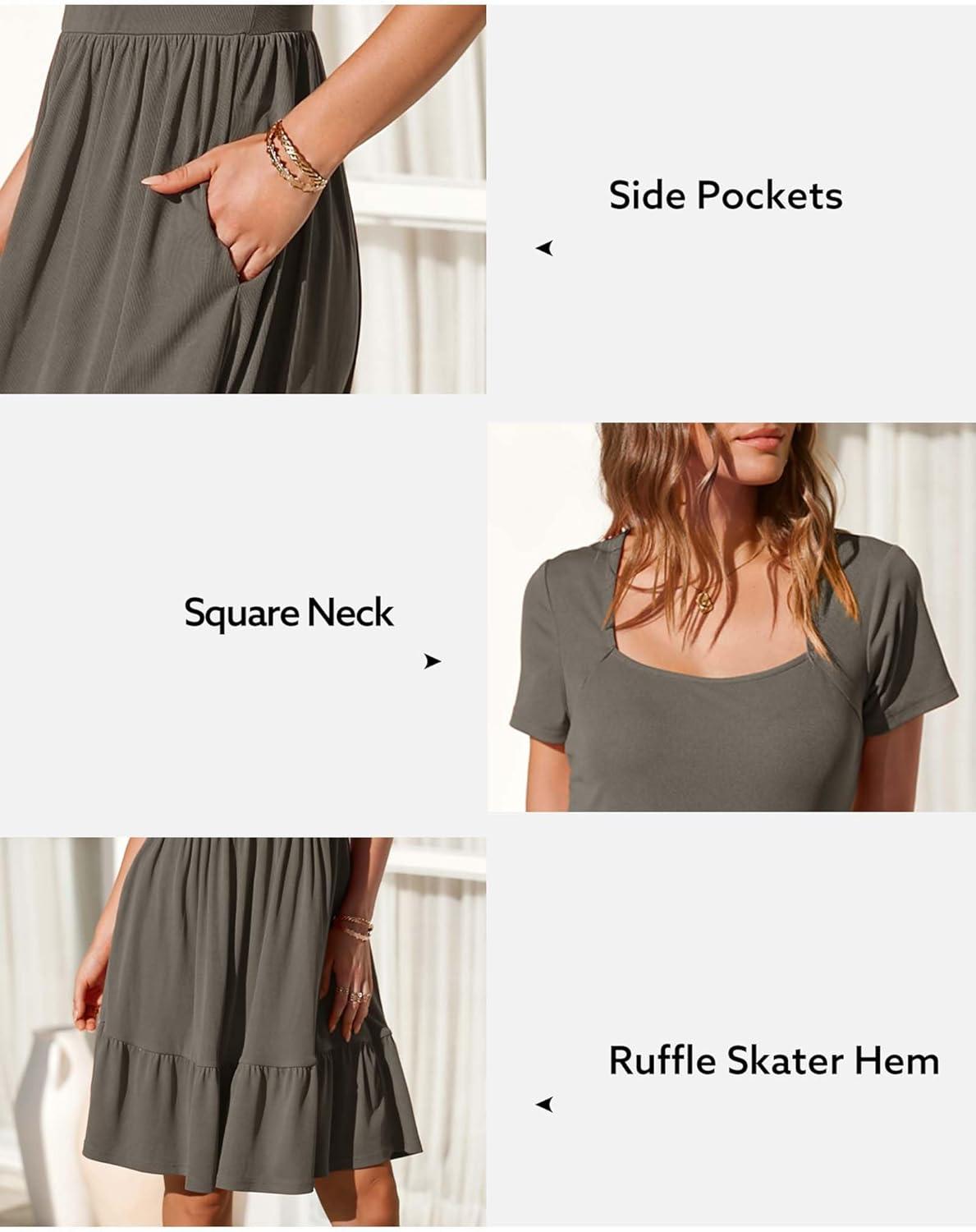 image:imageNewshows Womens 2026 Summer Casual Square Neck Ruffle A Line Beach Vacation Sundress Work Business Dress with PocketsDark Grey