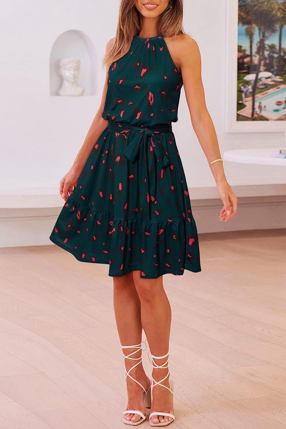 image:imageNewshows Womens 2026 Summer Dress Halter Wedding Guest Casual Beach Vacation Outfits Belted Sundresses with PocketsBlack Floral Red