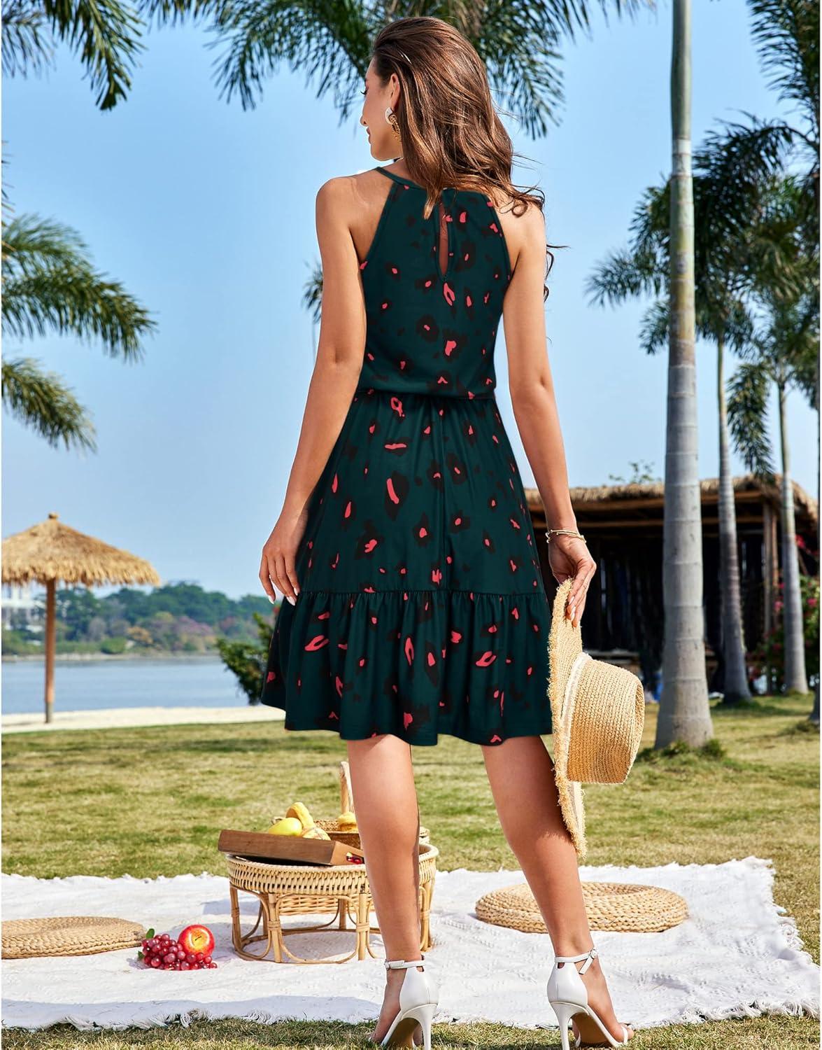 image:imageNewshows Womens 2026 Summer Dress Halter Wedding Guest Casual Beach Vacation Outfits Belted Sundresses with PocketsBlack Floral Red