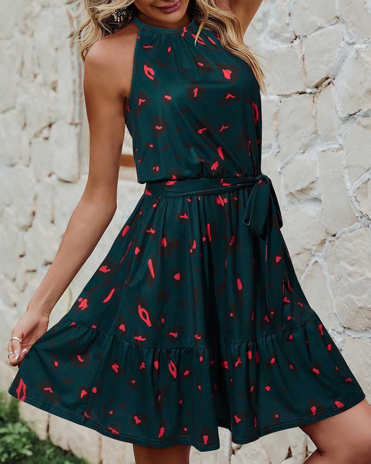 image:imageNewshows Womens 2026 Summer Dress Halter Wedding Guest Casual Beach Vacation Outfits Belted Sundresses with PocketsBlack Floral Red