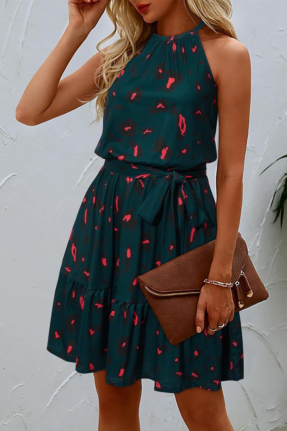 image:imageNewshows Womens 2026 Summer Dress Halter Wedding Guest Casual Beach Vacation Outfits Belted Sundresses with PocketsBlack Floral Red