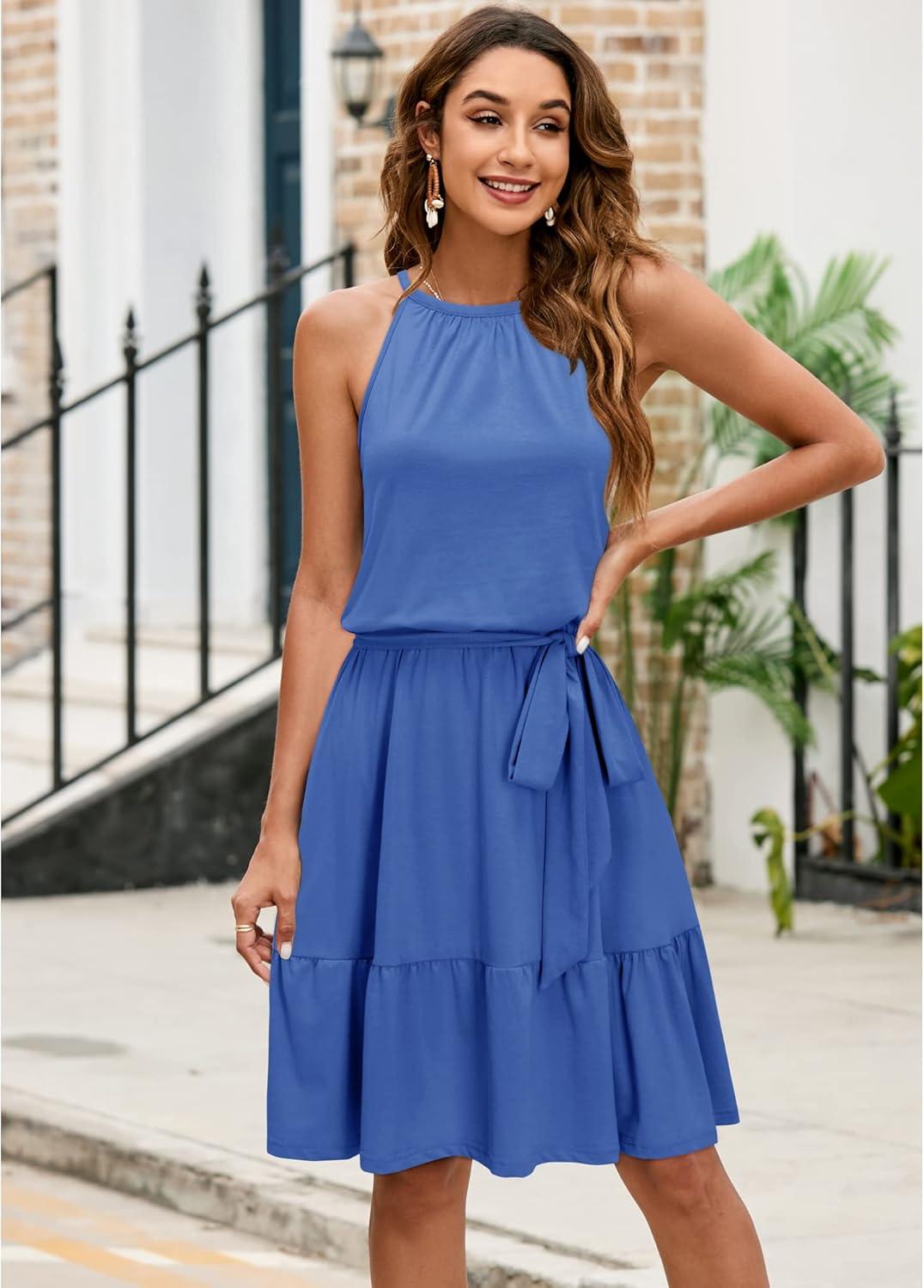 image:imageNewshows Womens 2026 Summer Dress Halter Wedding Guest Casual Beach Vacation Outfits Belted Sundresses with PocketsBlue