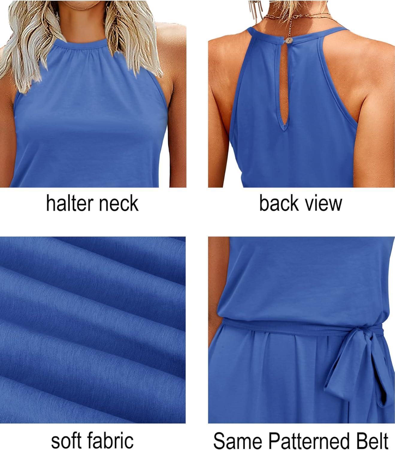 image:imageNewshows Womens 2026 Summer Dress Halter Wedding Guest Casual Beach Vacation Outfits Belted Sundresses with PocketsBlue