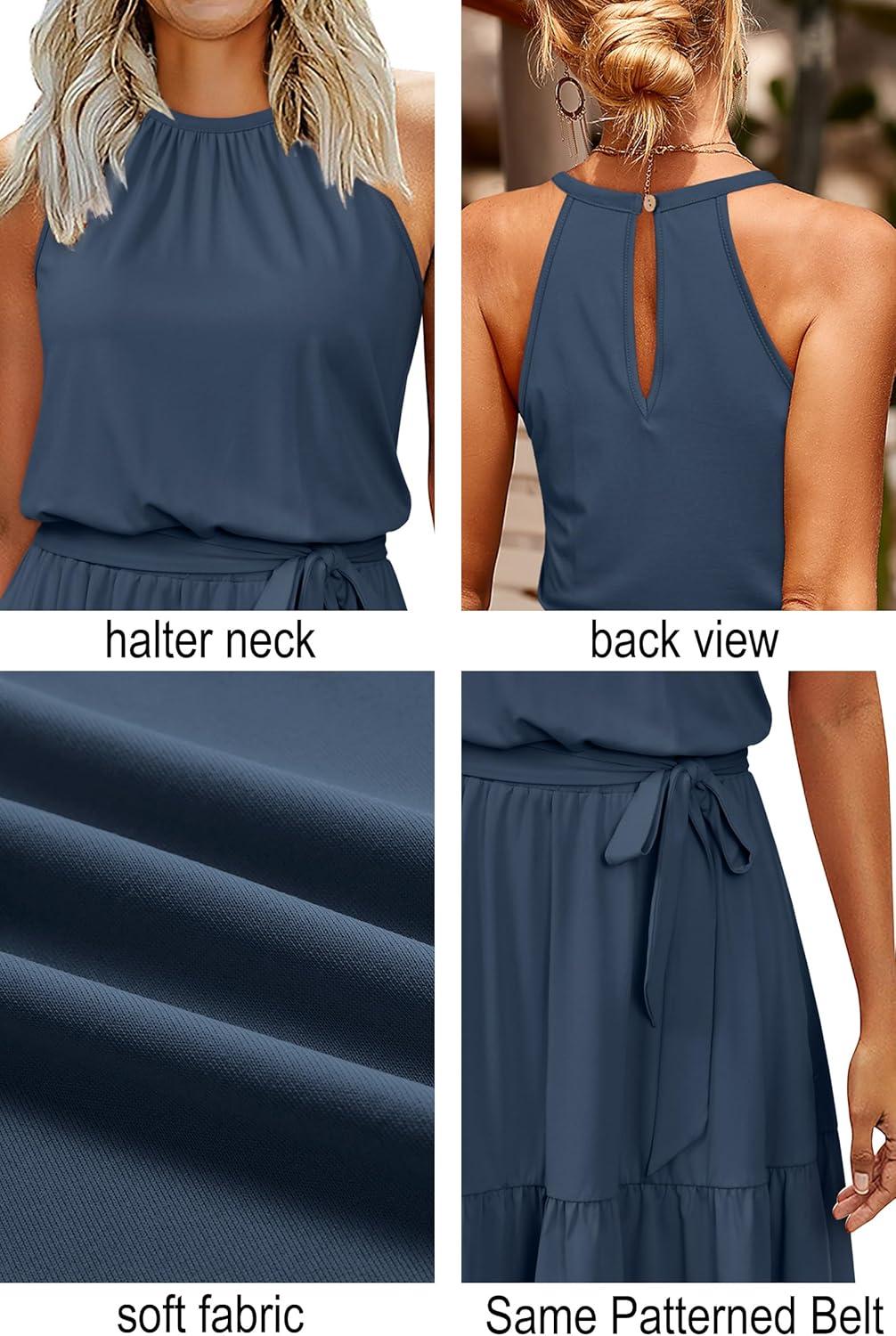 image:imageNewshows Womens 2026 Summer Dress Halter Wedding Guest Casual Beach Vacation Outfits Belted Sundresses with PocketsDark Blue