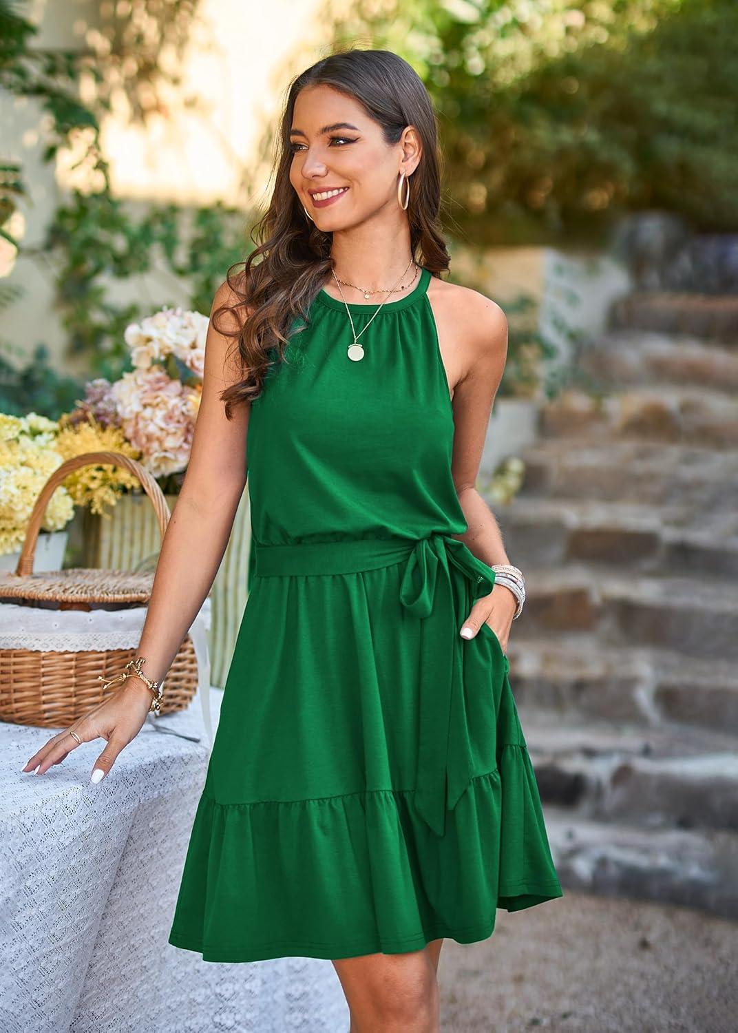 image:imageNewshows Womens 2026 Summer Dress Halter Wedding Guest Casual Beach Vacation Outfits Belted Sundresses with PocketsDark Green
