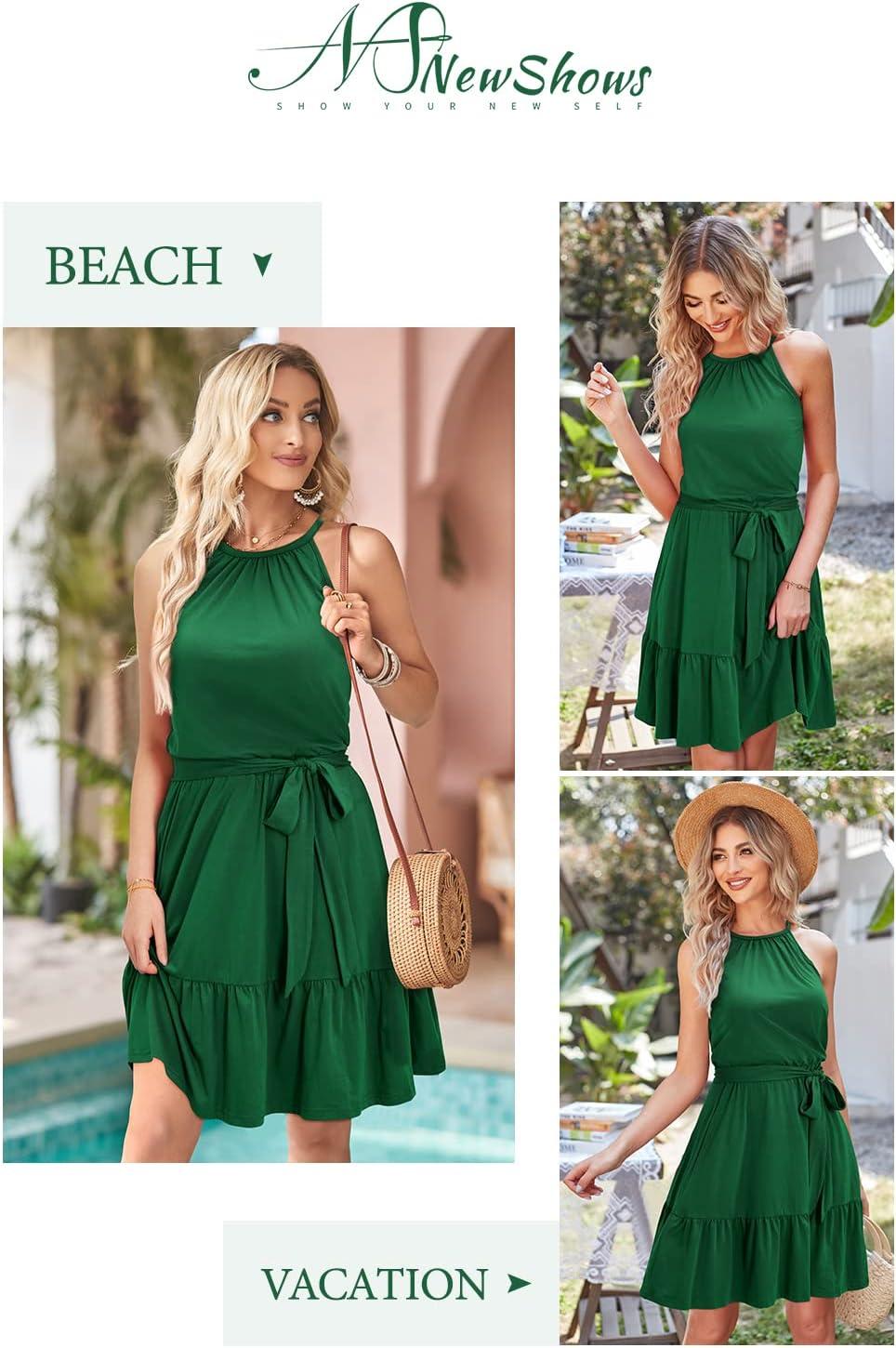 image:imageNewshows Womens 2026 Summer Dress Halter Wedding Guest Casual Beach Vacation Outfits Belted Sundresses with PocketsDark Green