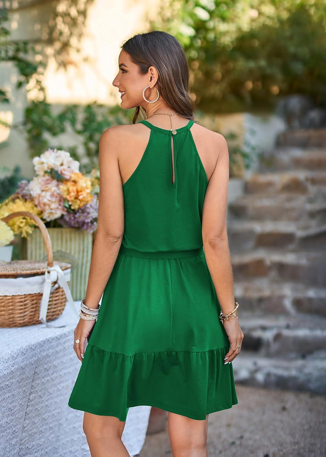 image:imageNewshows Womens 2026 Summer Dress Halter Wedding Guest Casual Beach Vacation Outfits Belted Sundresses with PocketsDark Green