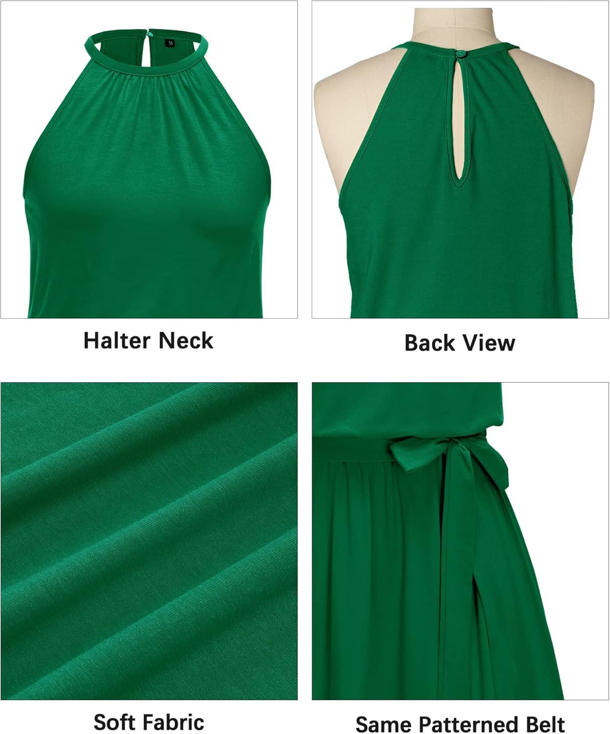 image:imageNewshows Womens 2026 Summer Dress Halter Wedding Guest Casual Beach Vacation Outfits Belted Sundresses with PocketsDark Green
