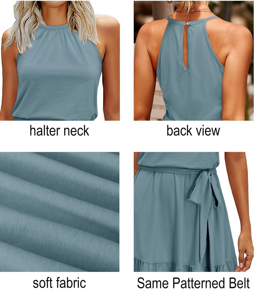 image:imageNewshows Womens 2026 Summer Dress Halter Wedding Guest Casual Beach Vacation Outfits Belted Sundresses with PocketsGray Blue