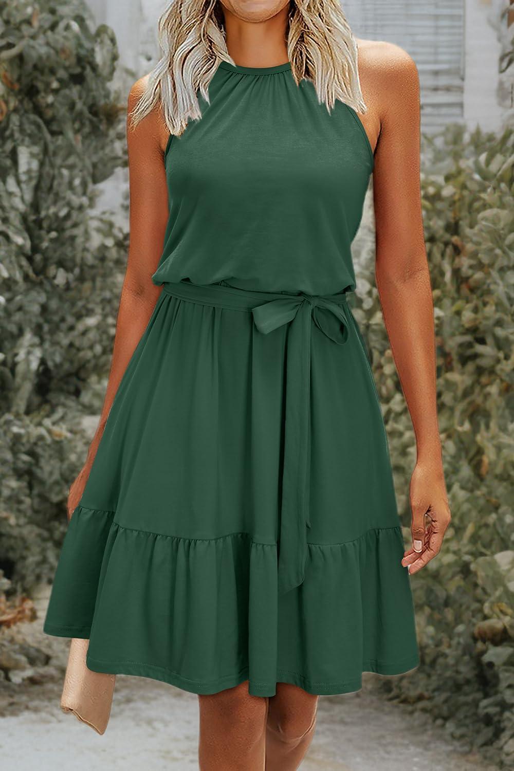 image:imageNewshows Womens 2026 Summer Dress Halter Wedding Guest Casual Beach Vacation Outfits Belted Sundresses with PocketsGray Green