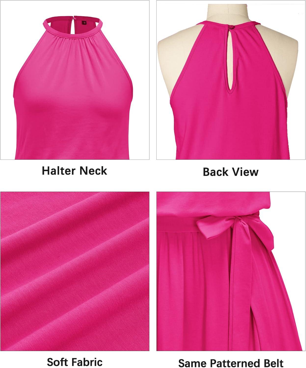 image:imageNewshows Womens 2026 Summer Dress Halter Wedding Guest Casual Beach Vacation Outfits Belted Sundresses with PocketsHot Pink