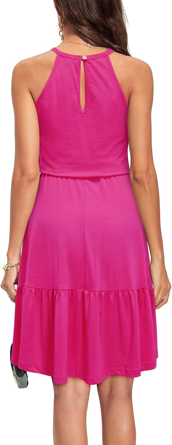 image:imageNewshows Womens 2026 Summer Dress Halter Wedding Guest Casual Beach Vacation Outfits Belted Sundresses with PocketsHot Pink