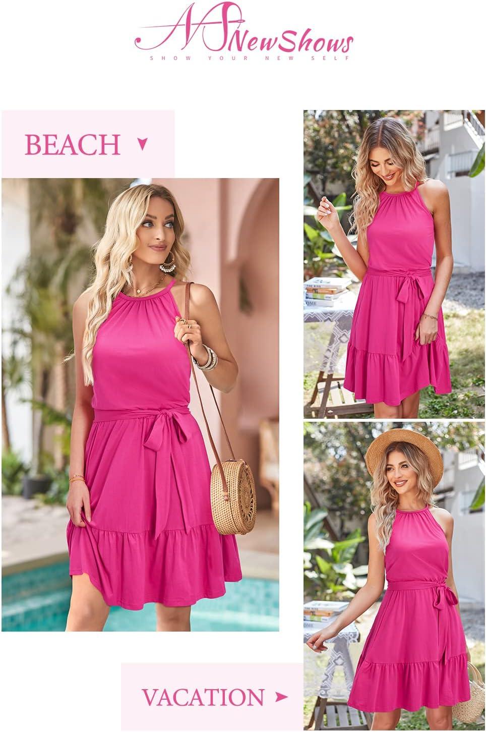 image:imageNewshows Womens 2026 Summer Dress Halter Wedding Guest Casual Beach Vacation Outfits Belted Sundresses with PocketsHot Pink